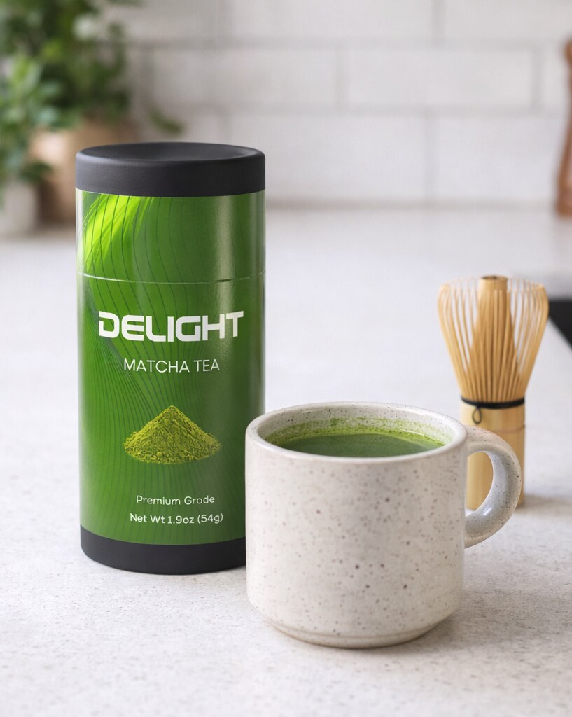 Delight Matcha Tea hot cup with premium Japanese ceremonial grade organic matcha powder