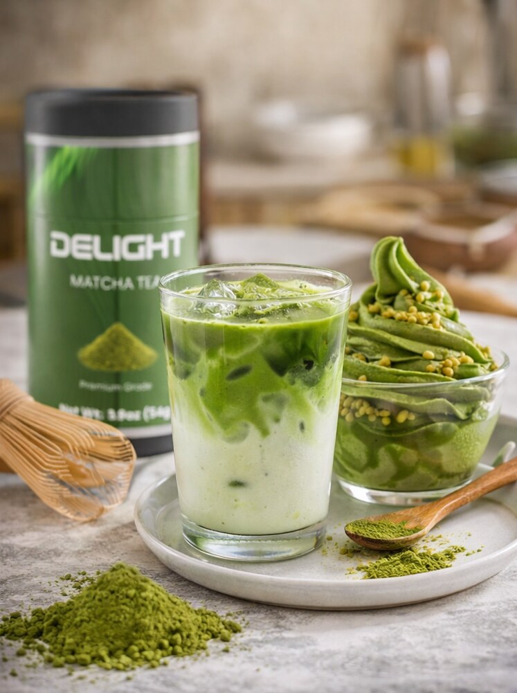 Delight Matcha Tea latte alongside product packaging displaying premium organic matcha ingredients