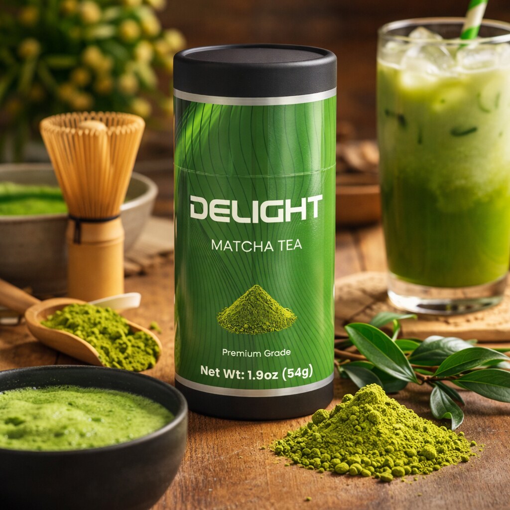 Delight Matcha Tea lifestyle shot showing morning wellness routine with organic green tea