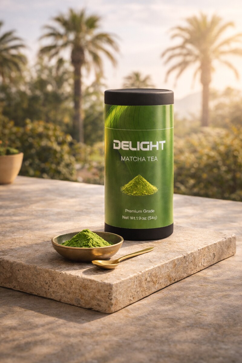 Delight Matcha Tea displayed in an outdoor nature setting showcasing natural organic sourcing