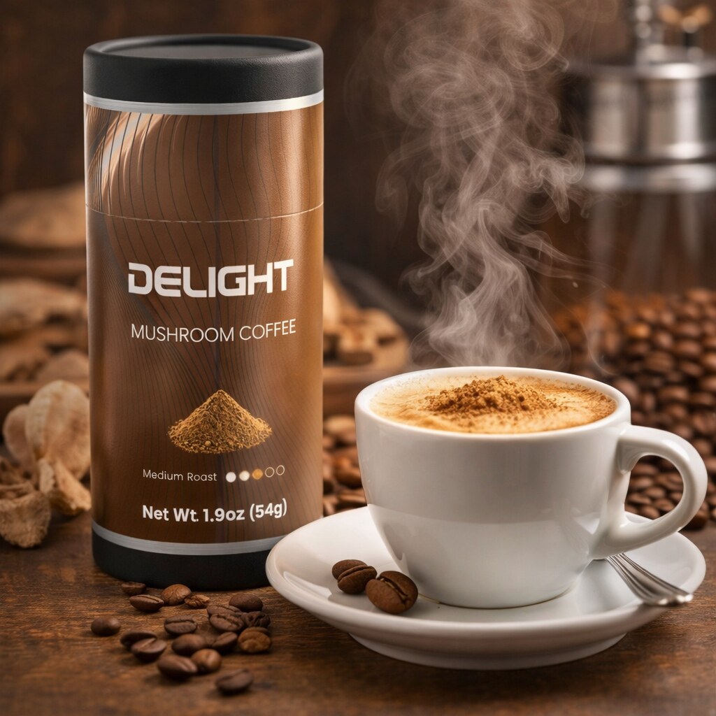 Delight Mushroom Coffee cappuccino with Lion's Mane and Chaga mushroom extracts for focus