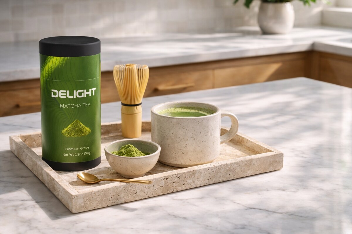 Delight natural wellness products - organic matcha tea and mushroom coffee hero background